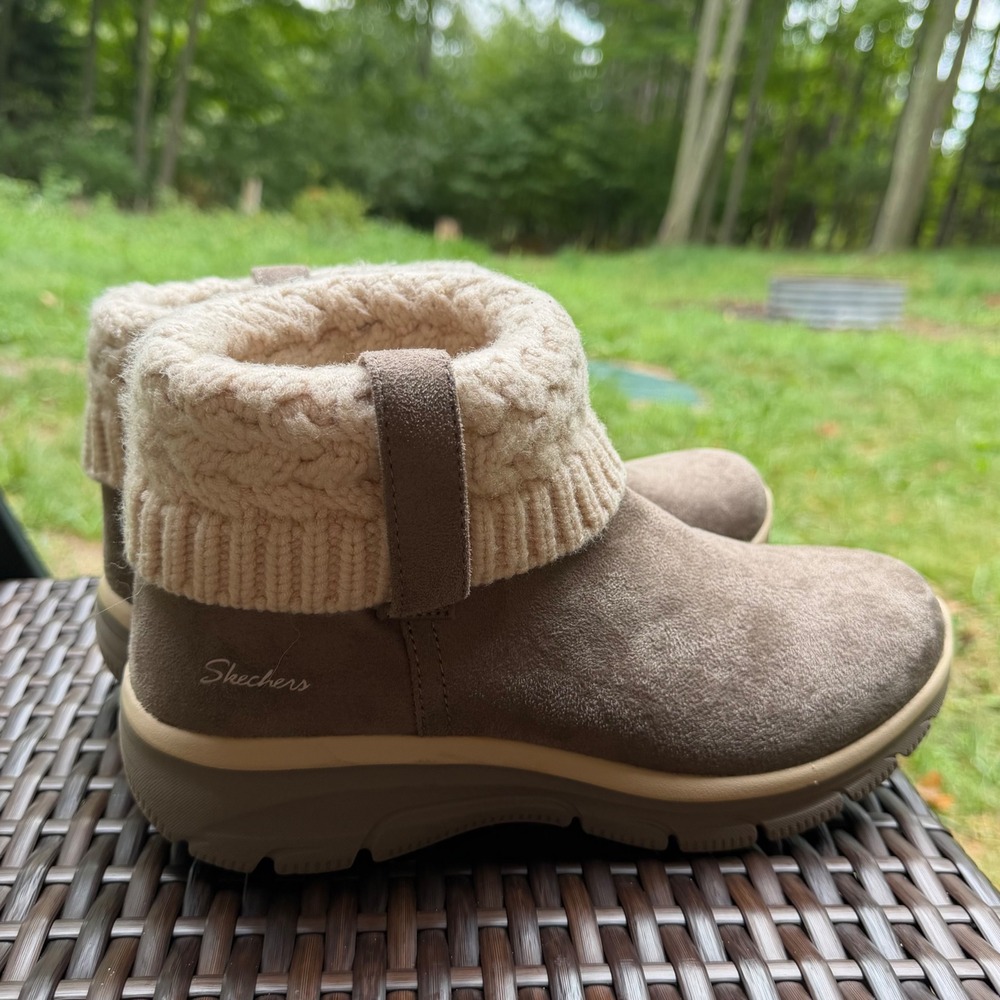 Skechers Relaxed Fit Taupe Knit Collar Faux Fur Ankle Boots 167401 Womens 9